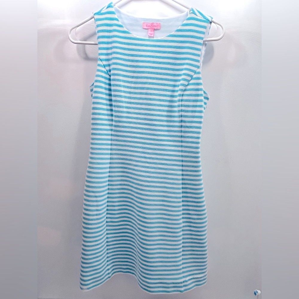 Lilly Pulitzer White and Teal Striped Dress with Cute Back Cutout Size Small
